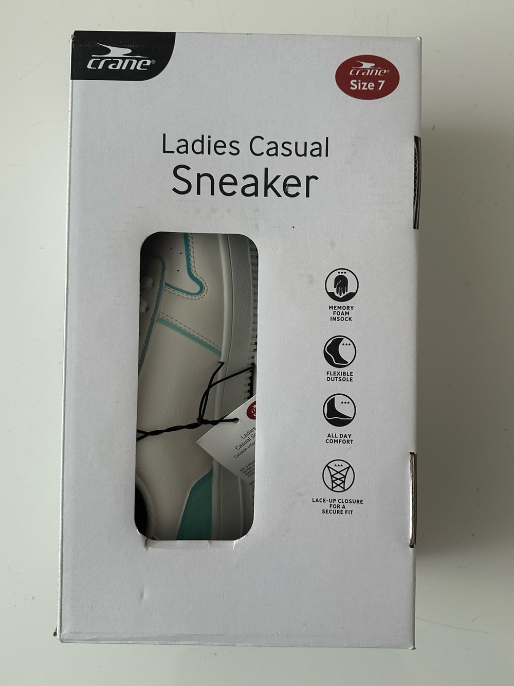 Crane Ladies Casual Sneaker in White with Teal Accents